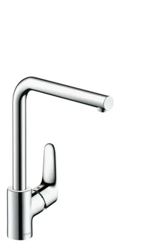 Chromfarbener Spültischmischer von Hansgrohe mit schmalem, geraden Auslauf und ergonomischem Hebel zur Wassersteuerung.